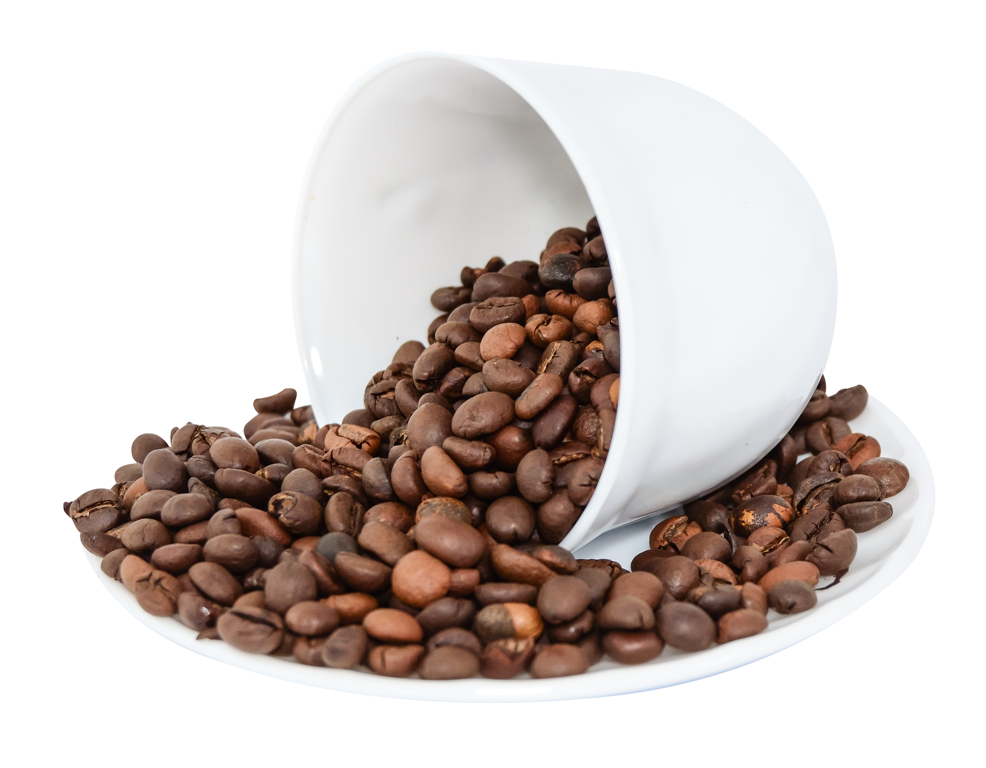 White Cup Tipped Over Spilling Roasted Coffee Beans PNG Illustration