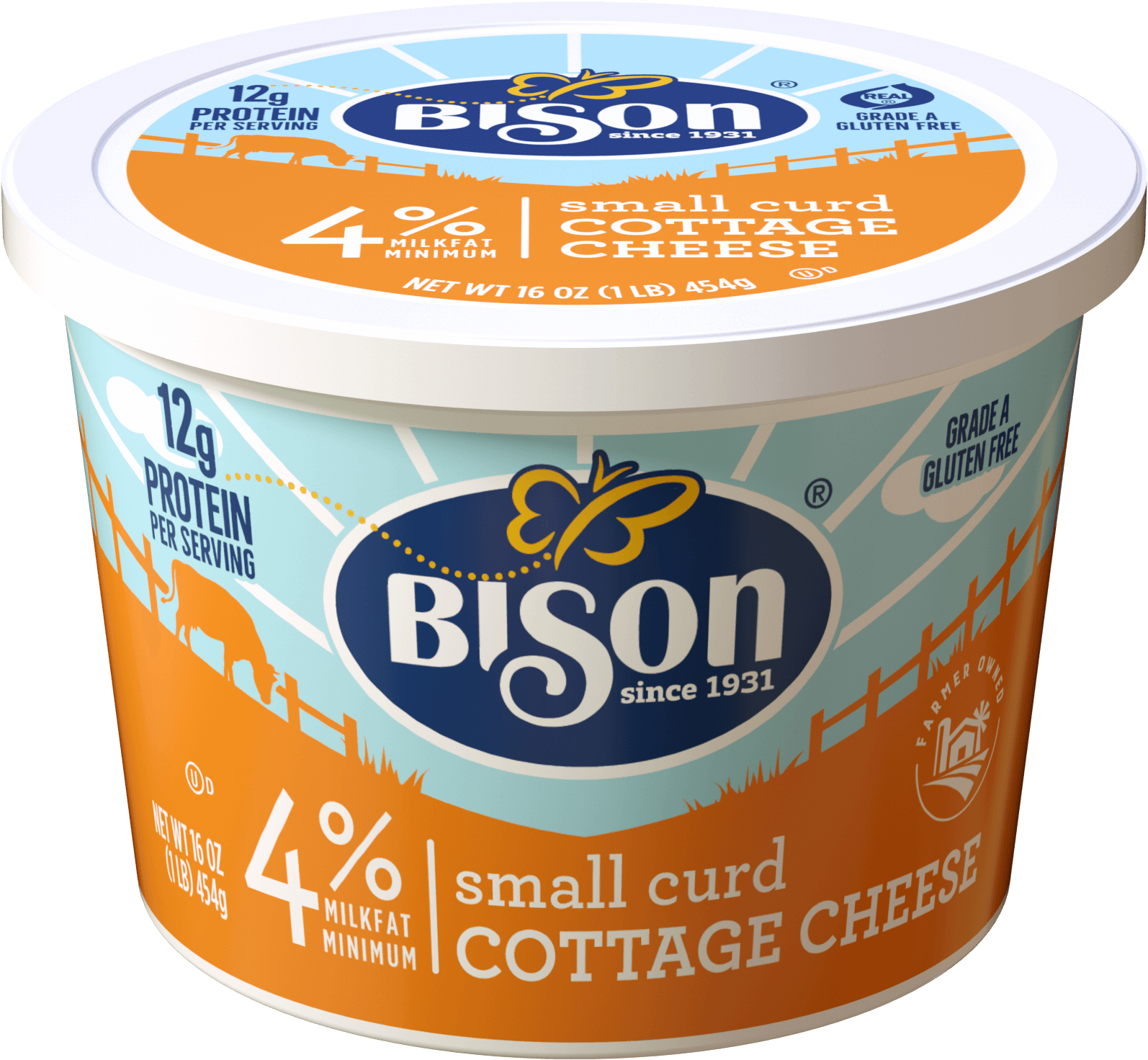 Bison Four Percent Small Curd Cottage Cheese Orange Cup PNG Product Image