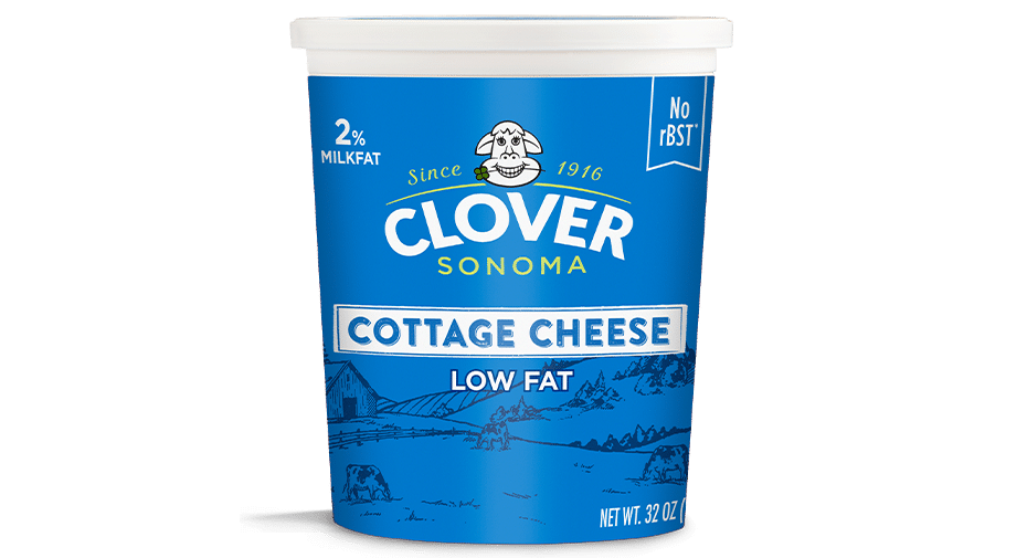 Clover Cottage Cheese Blue Cup On Green Background Product PNG Photo