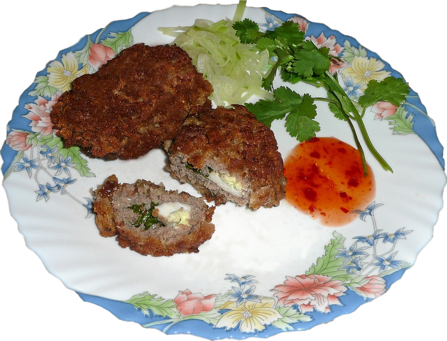 Assorted Homemade Cutlets And Meat Patties On Floral Plate PNG Photo