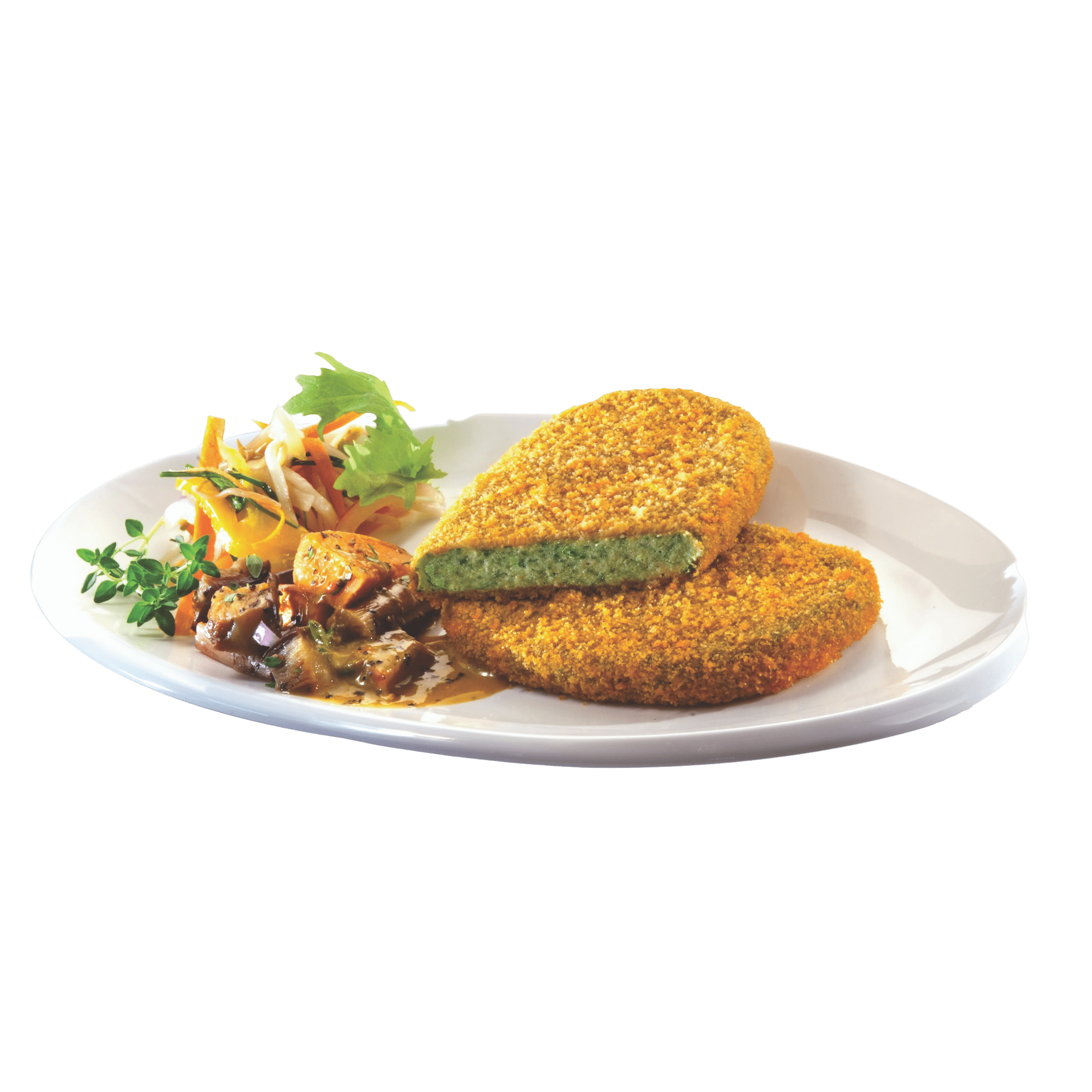 Breaded Cutlet With Rice Salad And Vegetables On Plate PNG Photo