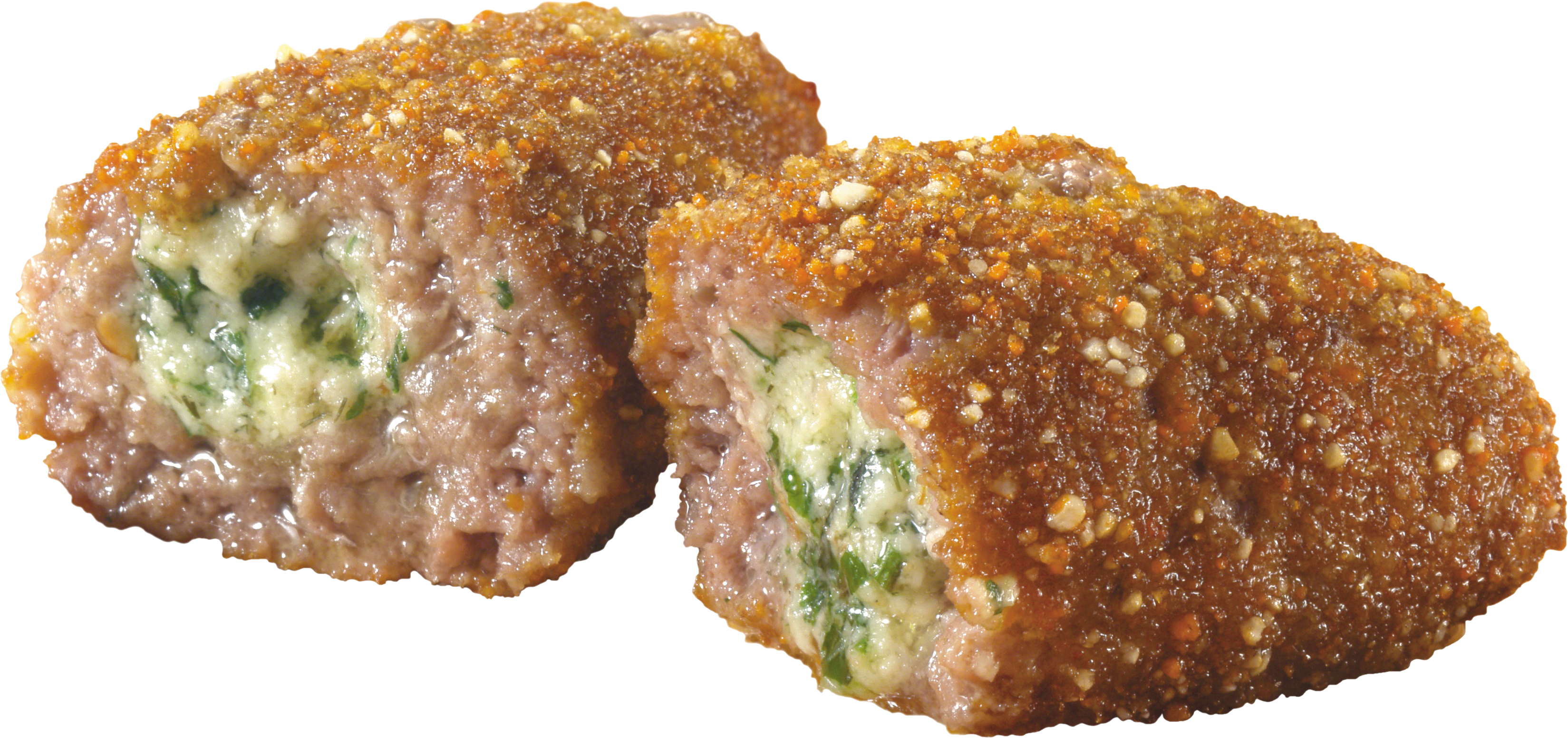 Crispy Stuffed Vegetable Cutlet Halves With Green Filling PNG Image