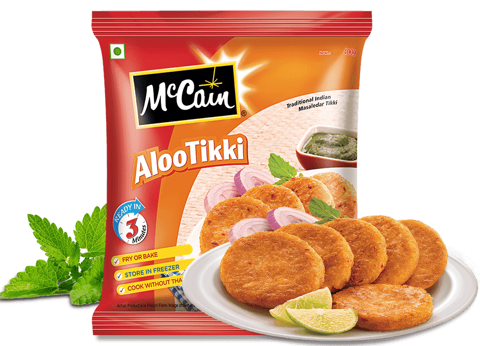 McCain Aloo Tikki Potato Cutlet Package With Serving Suggestion PNG
