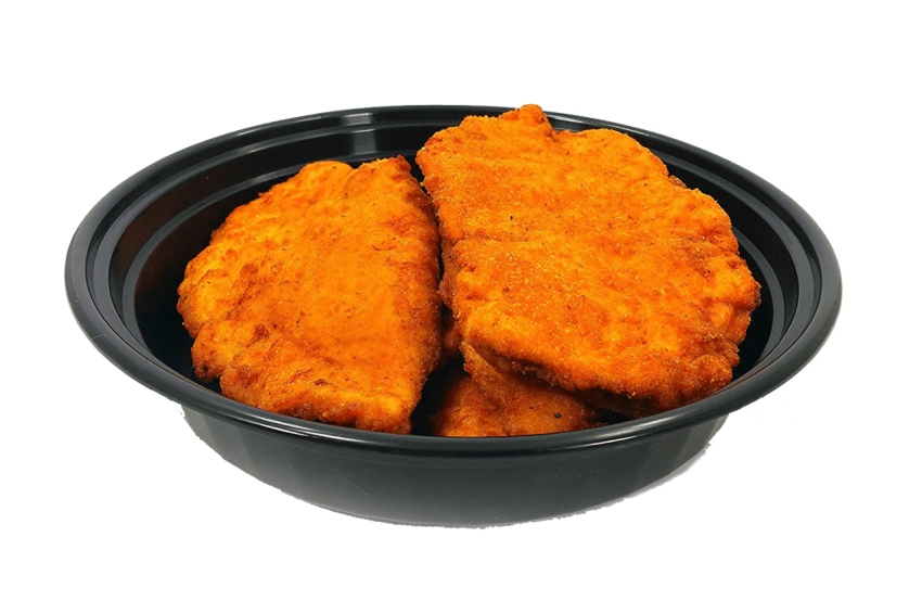 Two Golden Breaded Cutlets In Black Serving Dish Transparent PNG