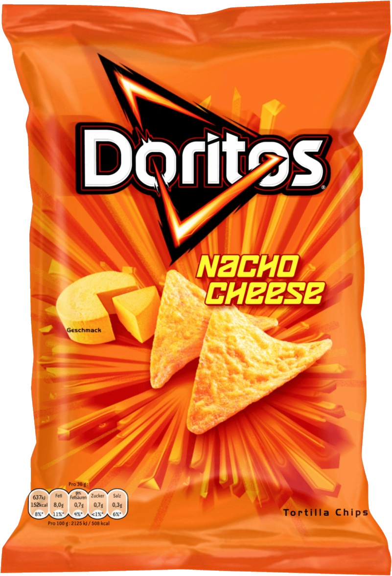 Doritos Nacho Cheese Orange Snack Bag Front View PNG Product Image