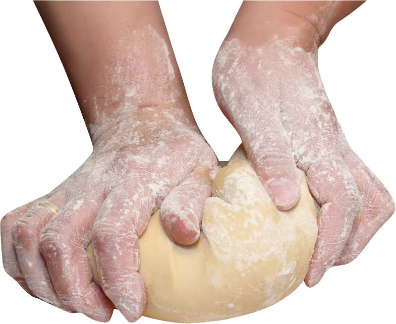 Hands Kneading Fresh Bread Dough On Floured Surface PNG Photo