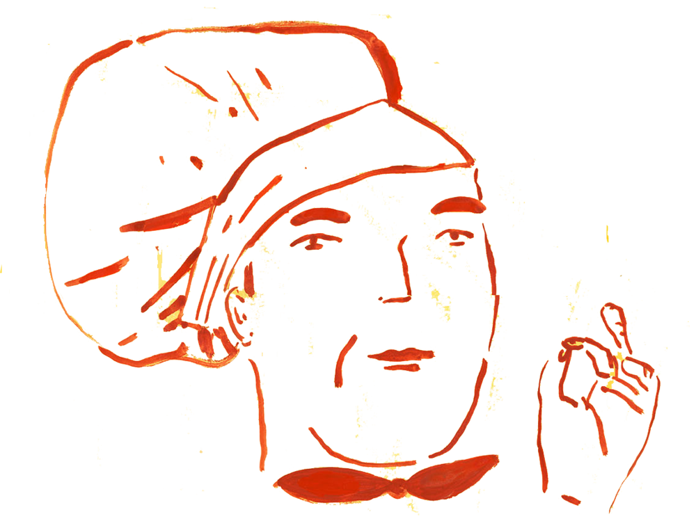 Orange Line Drawing Of Baker Chef Holding Kitchen Tool PNG Illustration