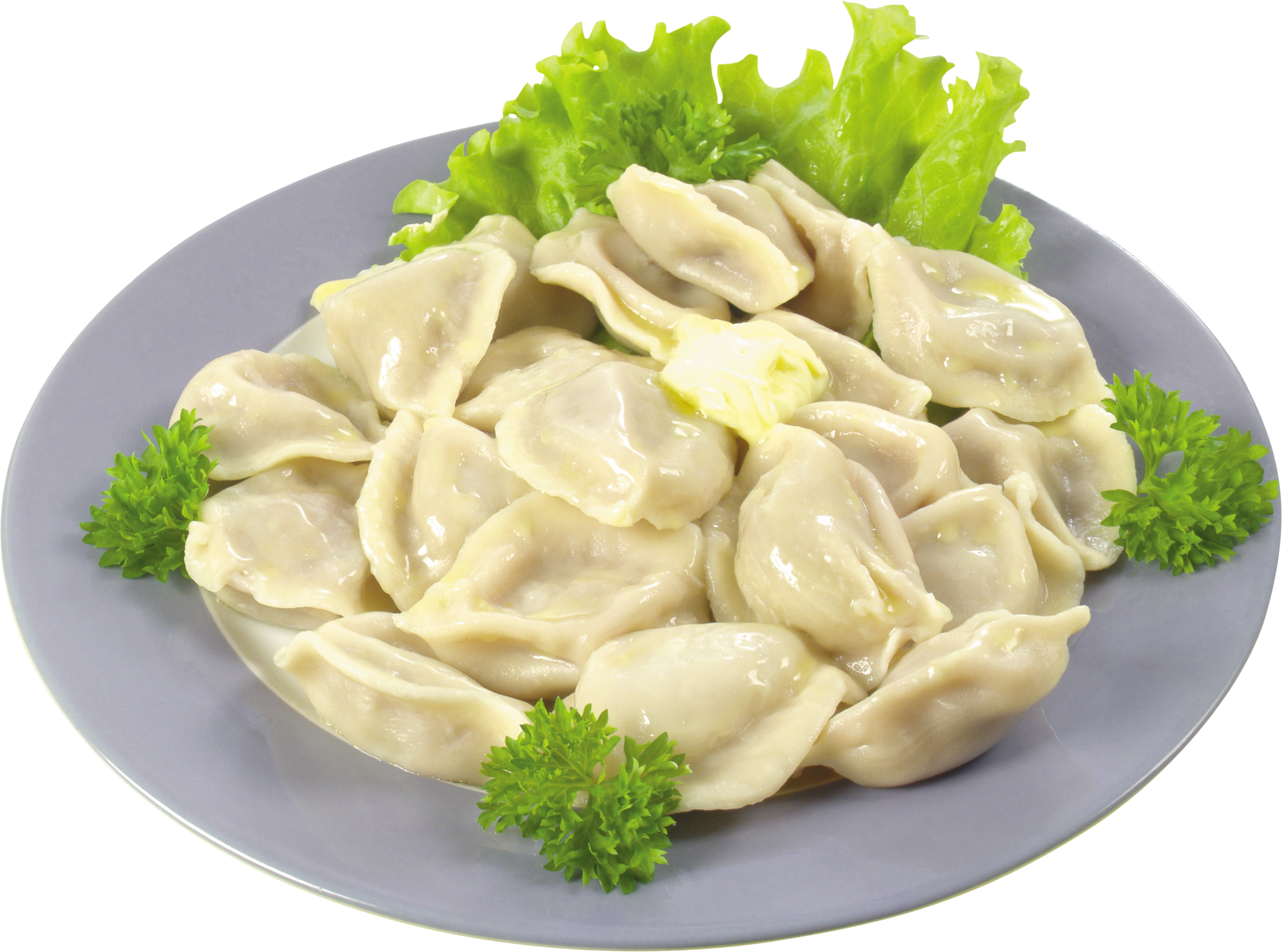 Boiled Dumplings With Lettuce Garnish On Gray Ceramic Plate PNG Image