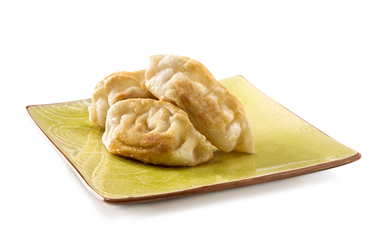 Fried Dumplings On A Square Green Serving Plate PNG Product Photo