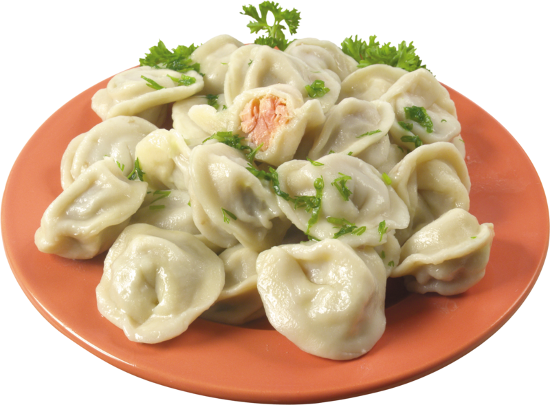 Plate Of Chinese Dumplings Garnished With Fresh Greens PNG Photo
