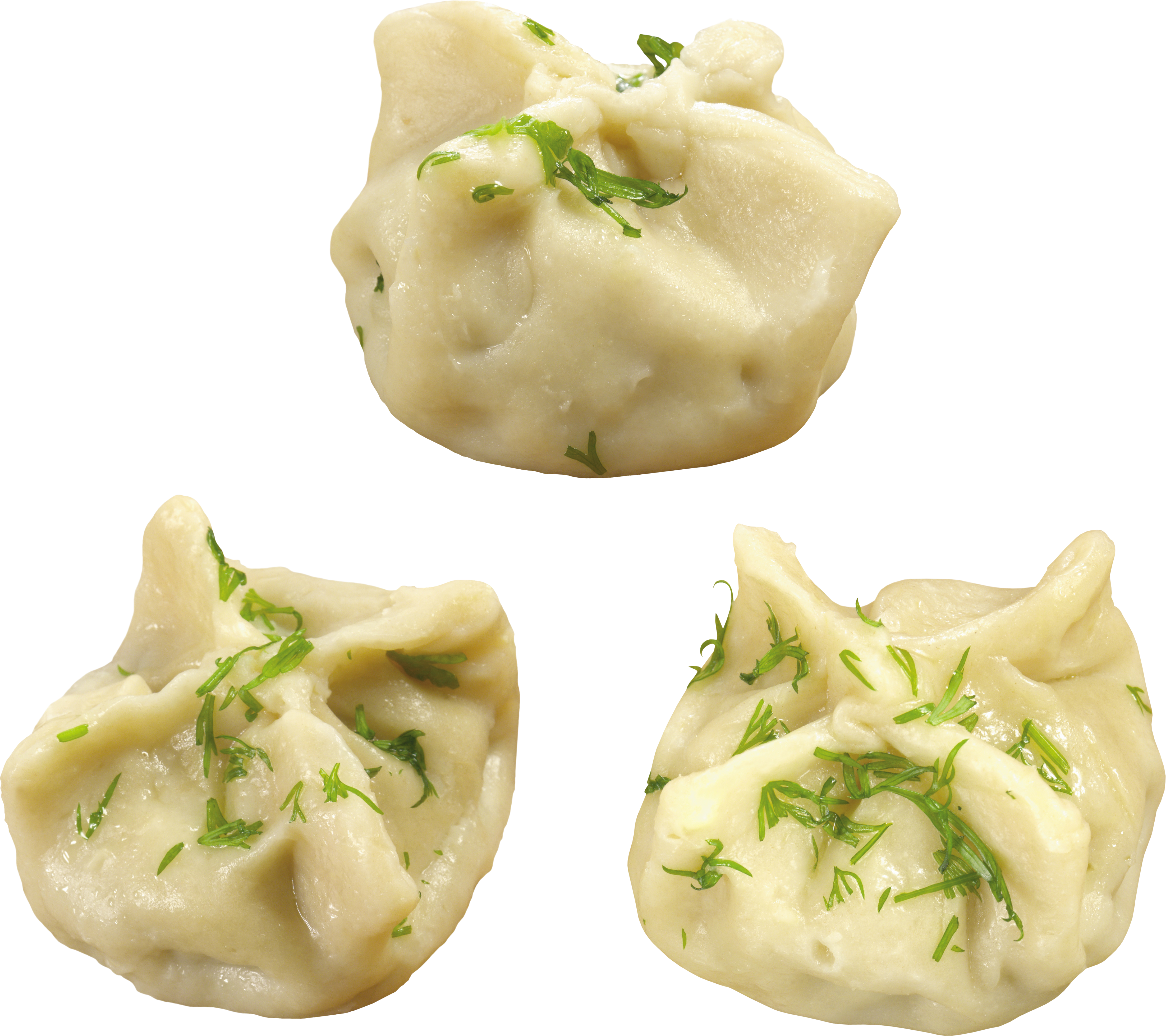 Three Handmade Steamed Dumplings With Green Onion PNG Clipart