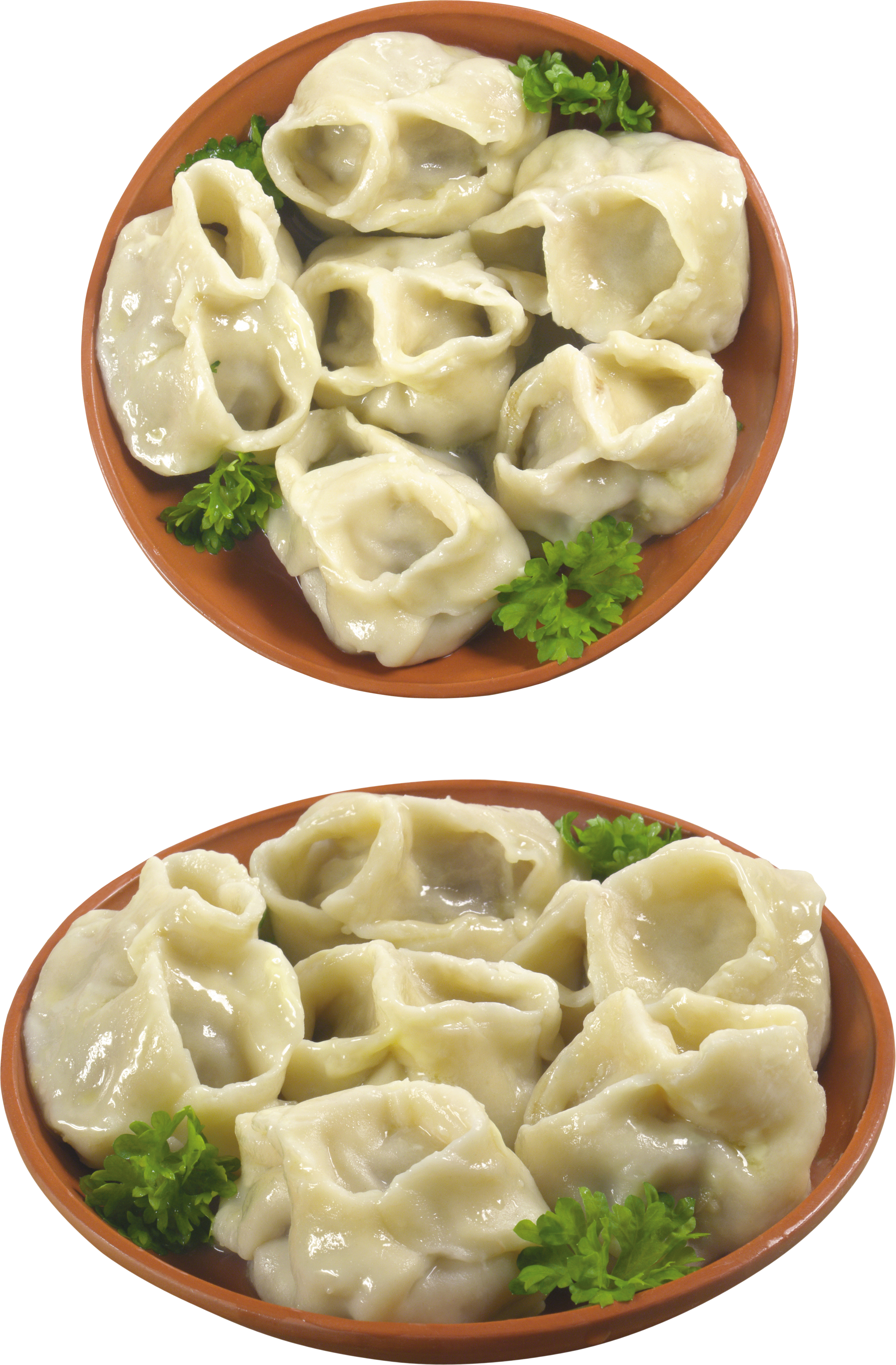 Two Bowls Of Chinese Dumplings Served With Fresh Garnish PNG Photo