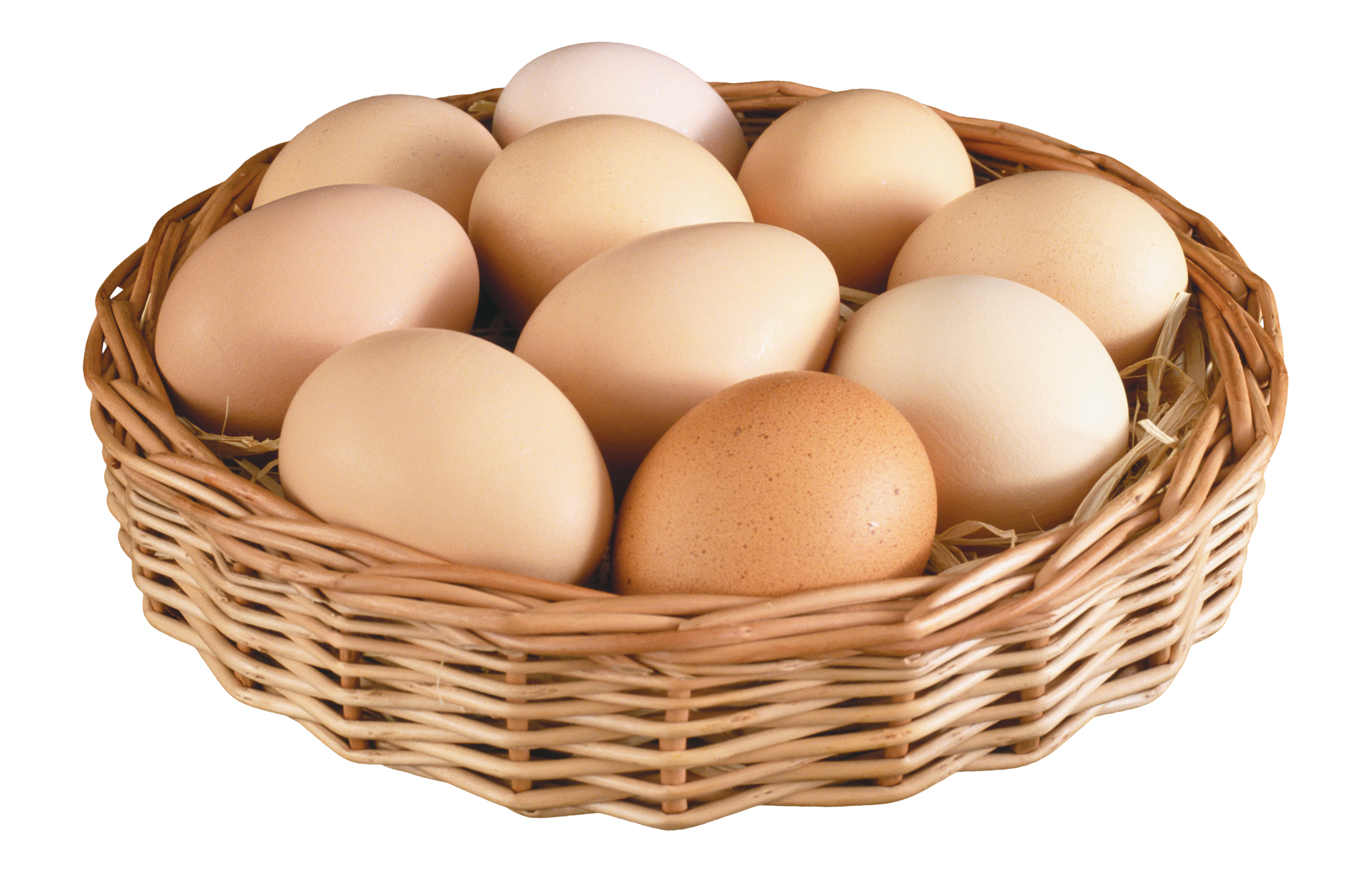 Fresh Brown Eggs In Wicker Basket Isolated PNG Food Photo