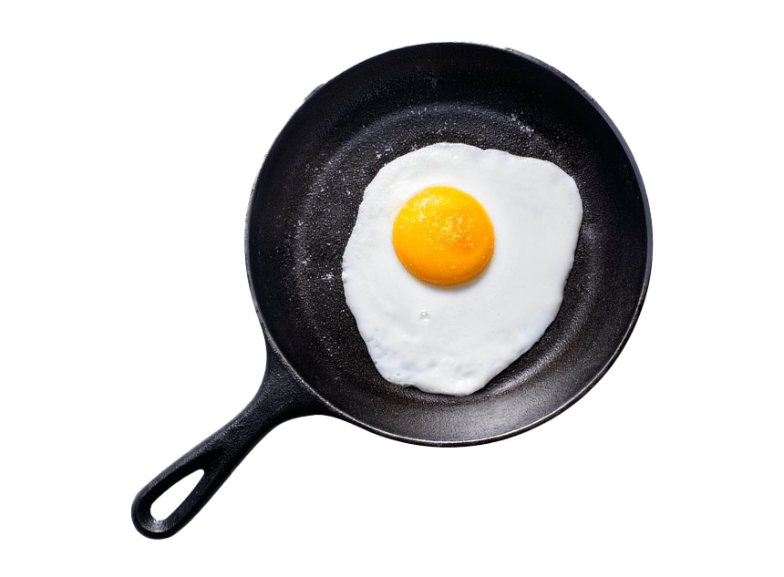 Fried Egg Cooking In Black Cast Iron Skillet Top View PNG Image