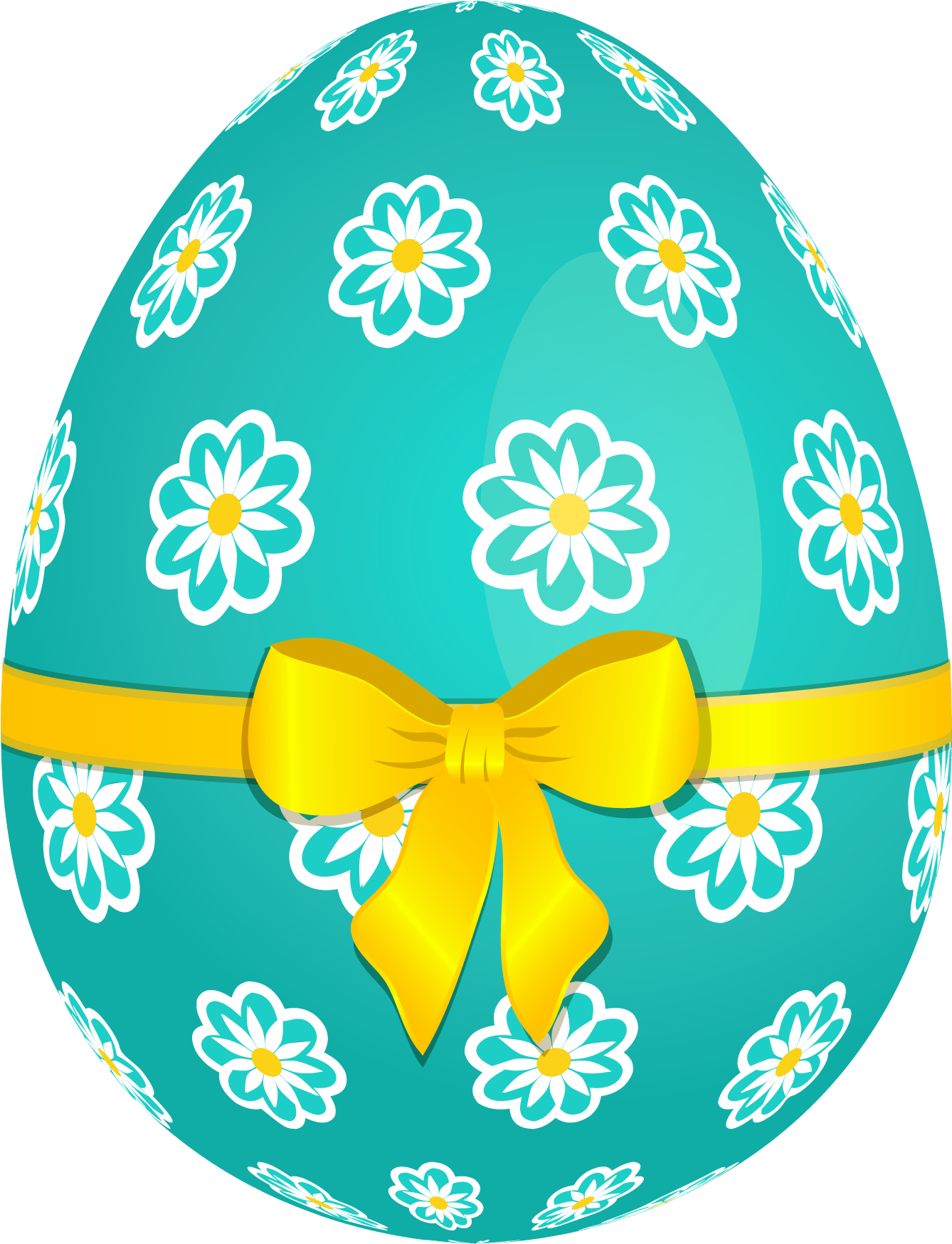 Teal Easter Egg With White Flowers And Yellow Ribbon PNG Illustration