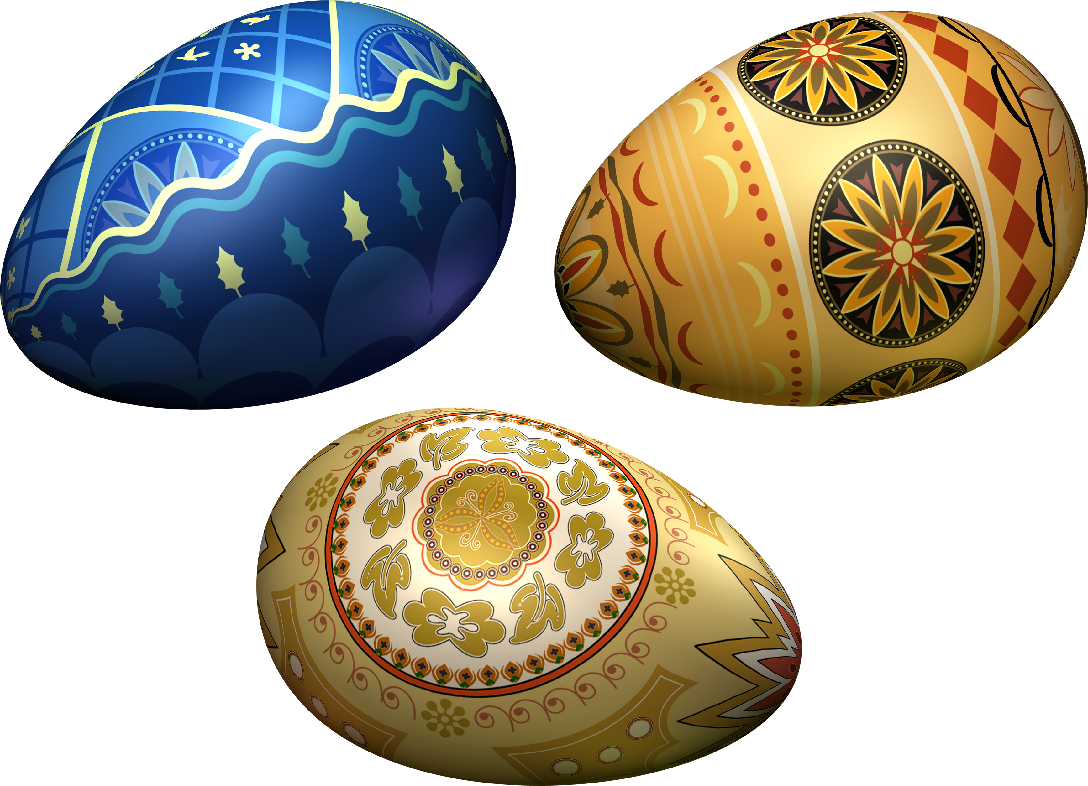 Three Decorated Ukrainian Easter Eggs With Blue And Gold Patterns PNG