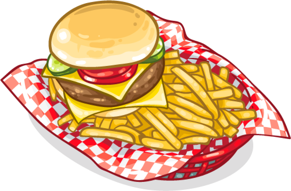 Burger And French Fries Picnic Meal On Red Checkered Paper PNG Illustration