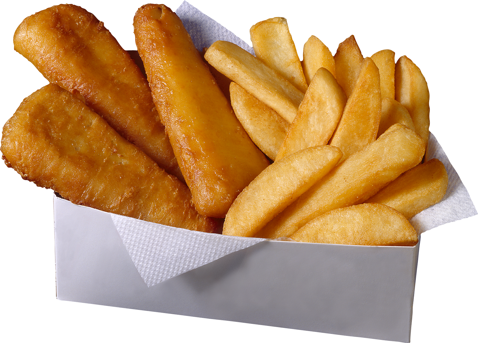Crispy Fish Sticks With French Fries In Paper Serving Tray PNG Image