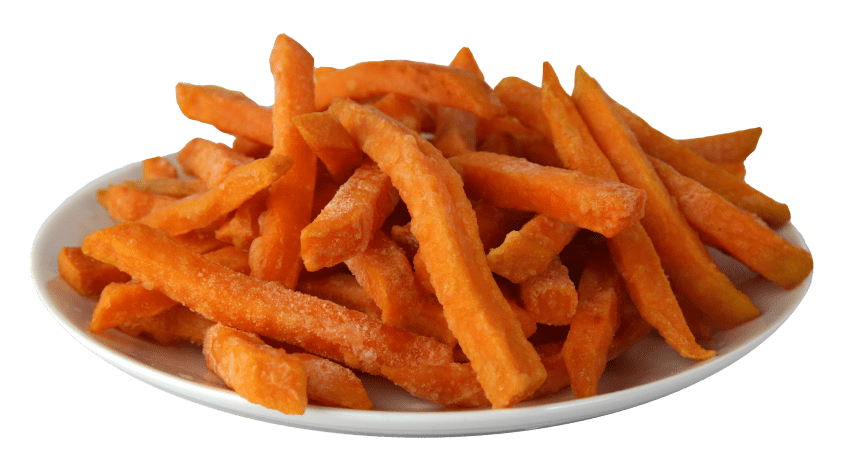 Crispy Orange Sweet Potato Fries On Green Background PNG Photo