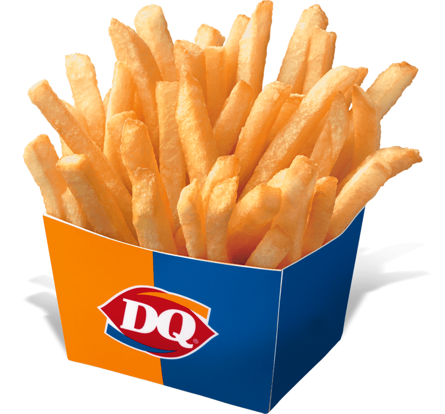 Dairy Queen French Fries In Blue Branded Box On Green Background PNG Photo