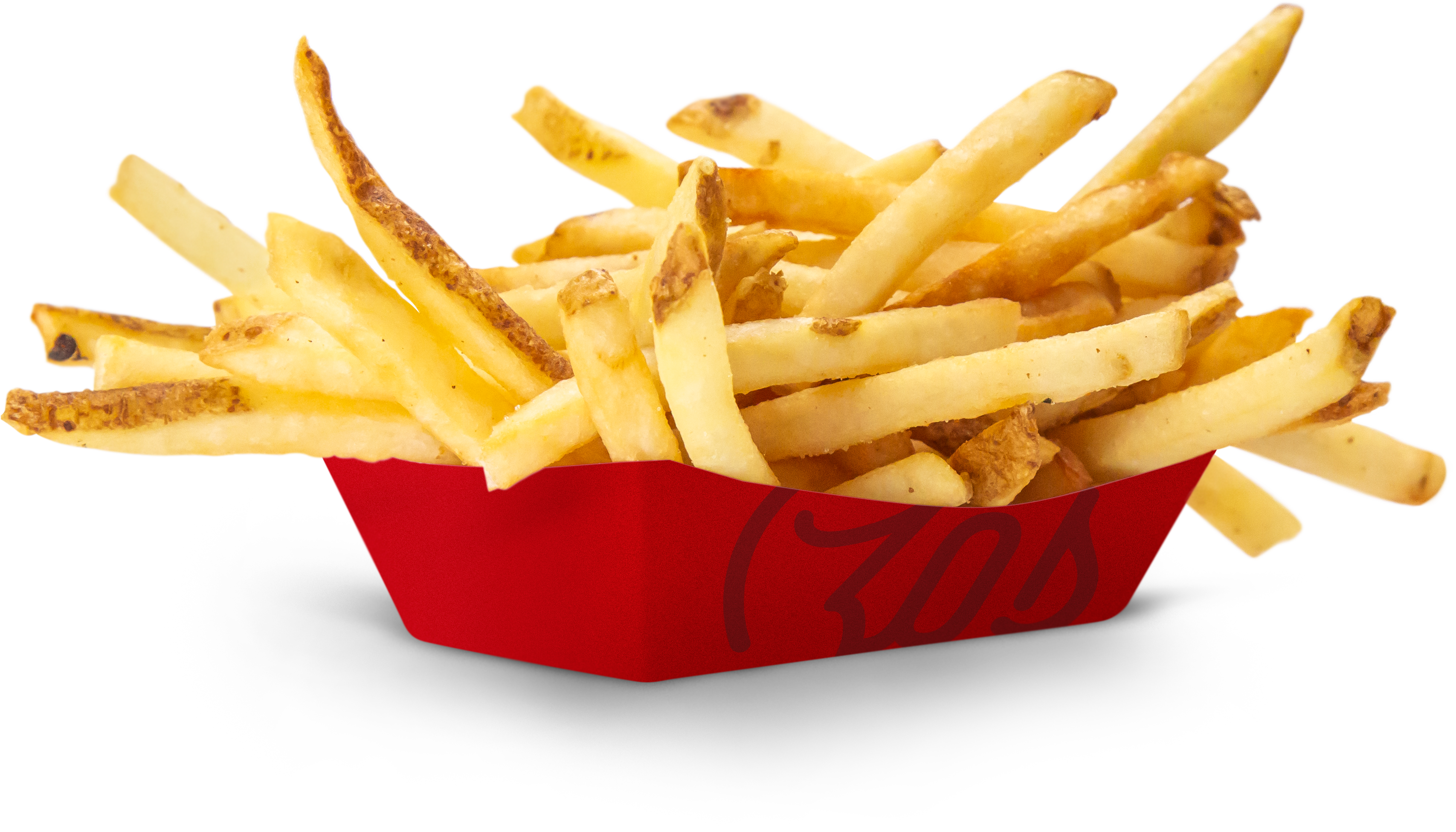 French Fries Served In Red Paper Box On Tray PNG Product Photo
