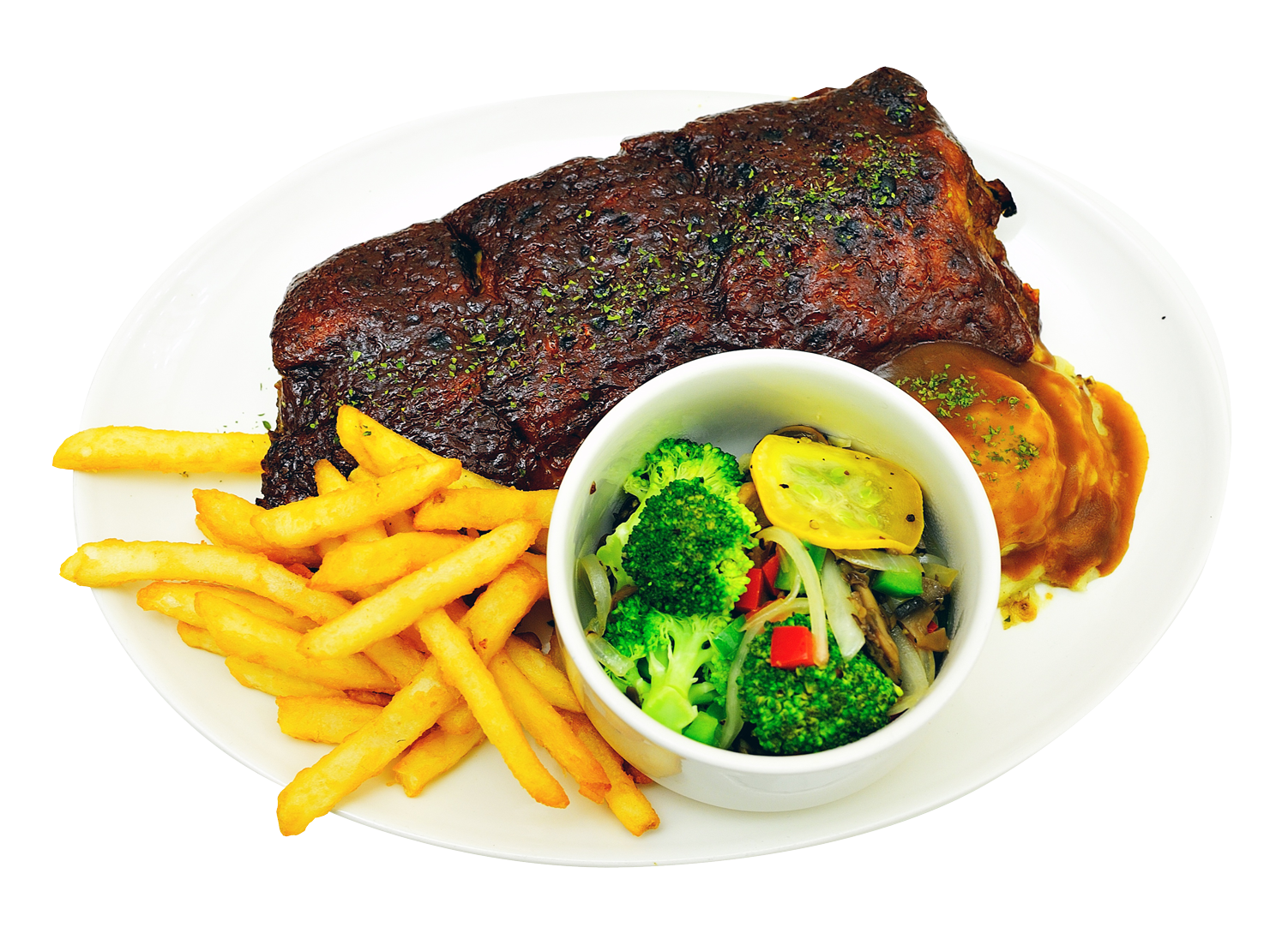 Grilled Steak With French Fries And Green Salad On Plate PNG Photo
