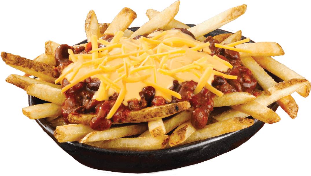 Loaded Chili Cheese Fries In Black Bowl With Melted Cheese PNG Photo
