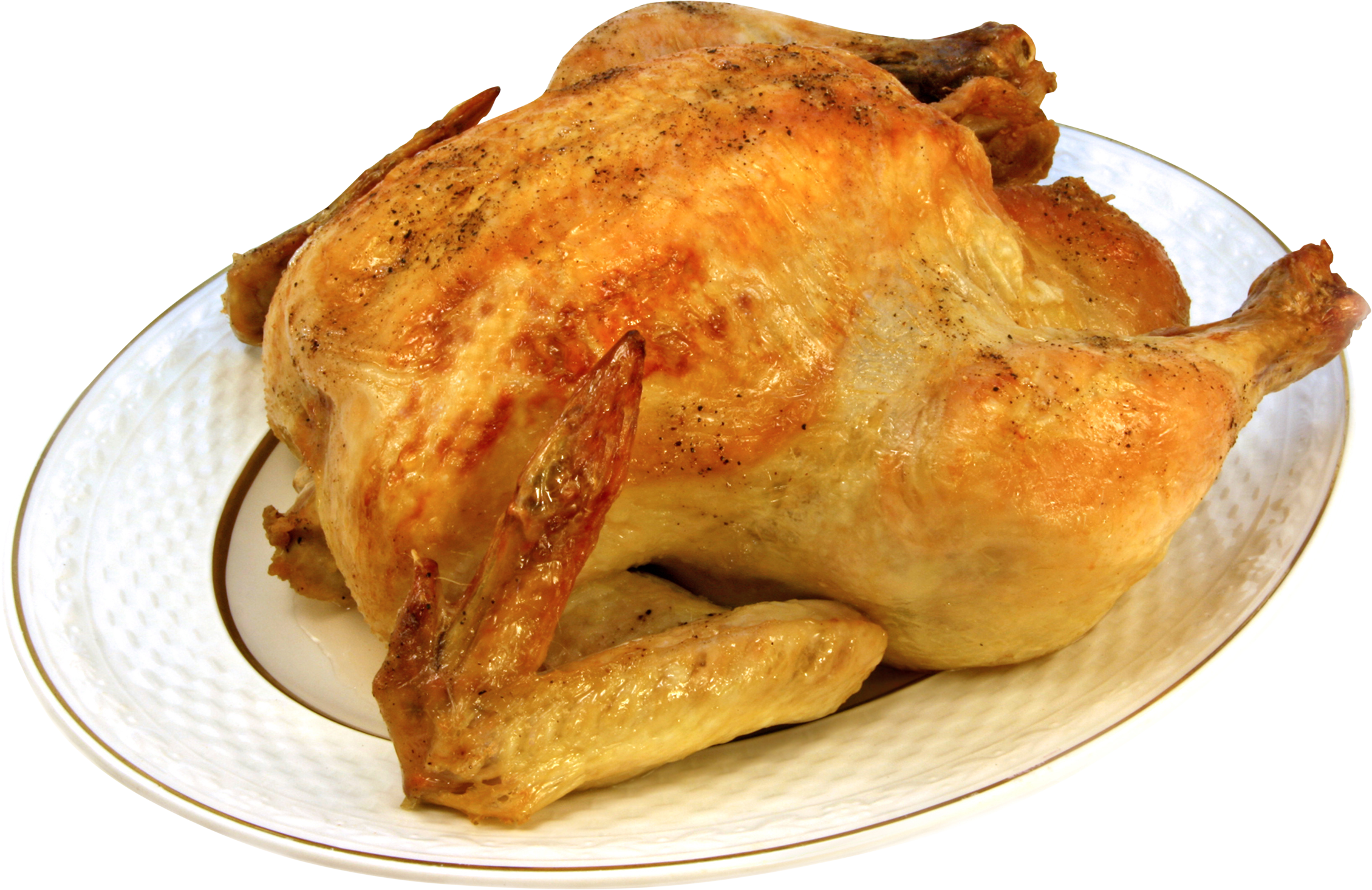 Classic Whole Roast Chicken on White Serving Plate Transparent Food PNG Image