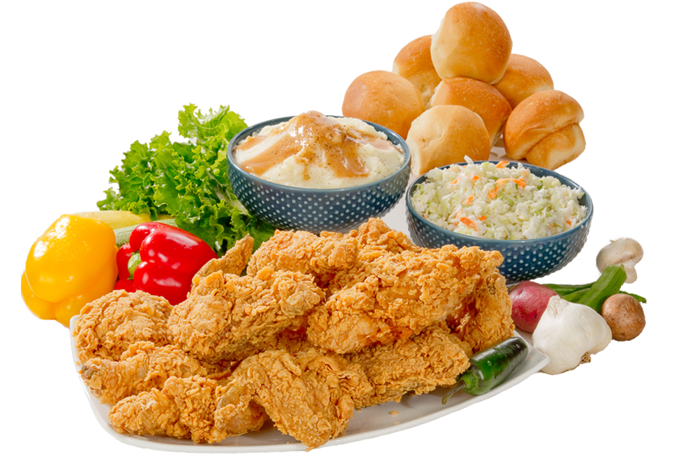 Crispy Fried Chicken Dinner with Bread Rolls Vegetables and Dipping Sauce PNG