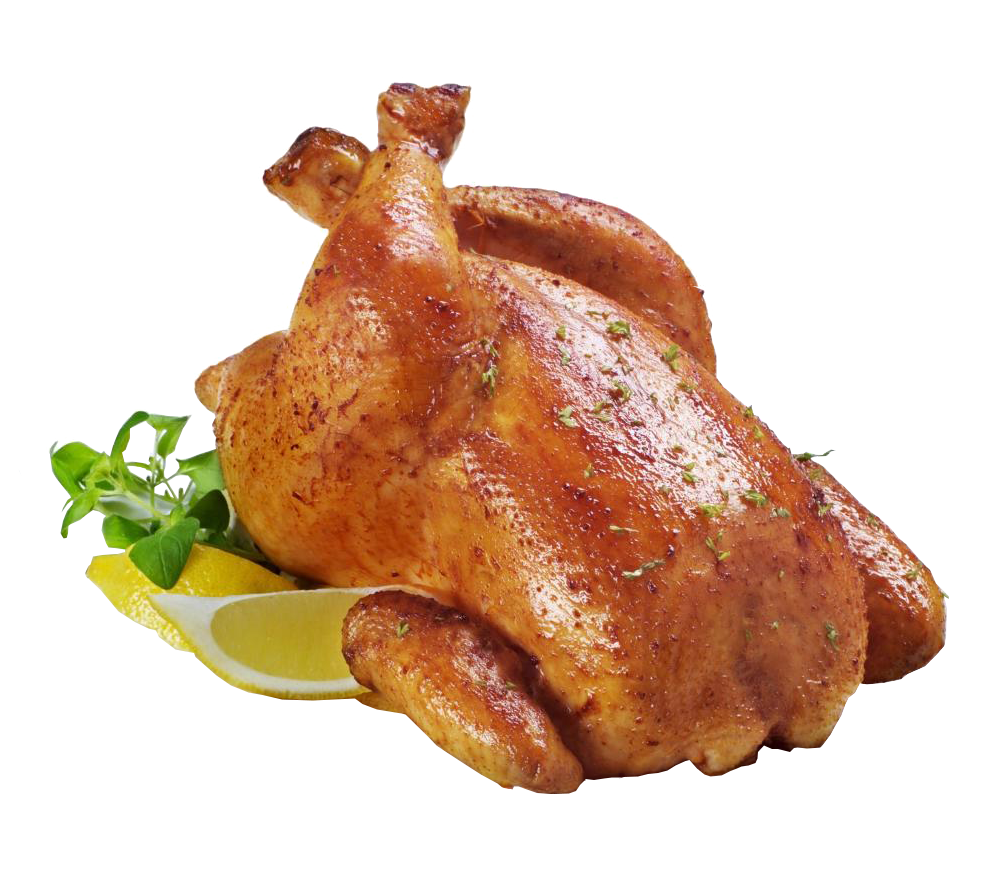Golden Roast Chicken with Lemon and Fresh Herb Garnish PNG Food Image