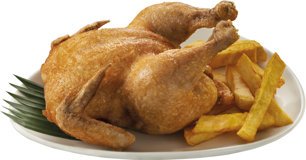 Herb Roasted Whole Chicken with Potato Wedges on Serving Platter PNG Image