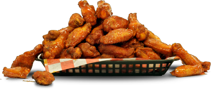 Saucy Fried Chicken Wings in Black Serving Basket Isolated PNG Image