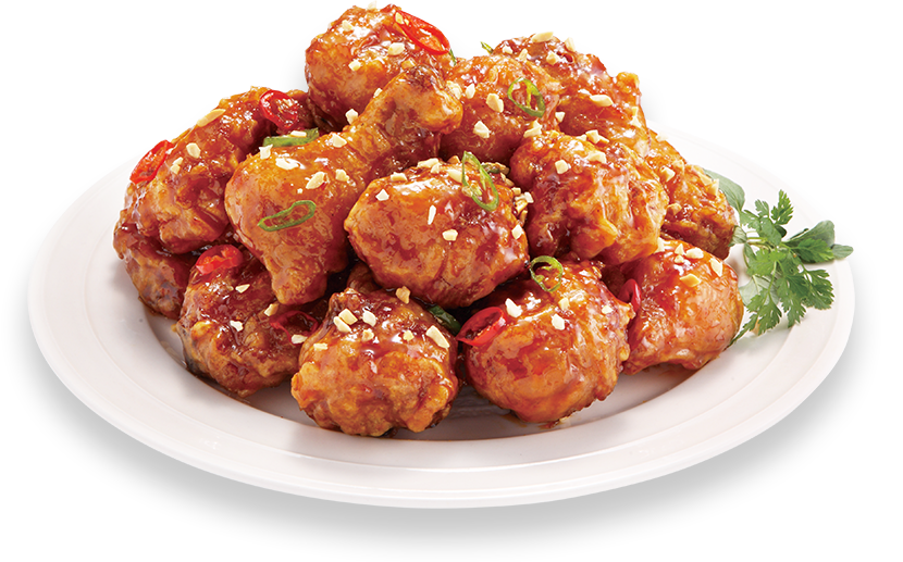 Sweet and Spicy Glazed Chicken Meatballs on Plate with Greens PNG Food Image