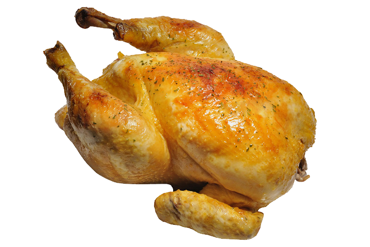 Whole Golden Roast Chicken with Lemon on White Plate Transparent Background PNG