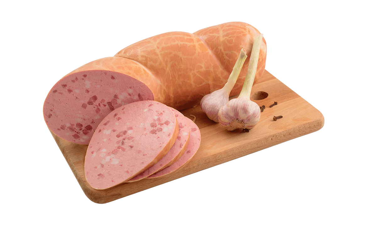 Pink Meat Sausage Roll with Sliced Luncheon Meat on Wooden Board PNG Image