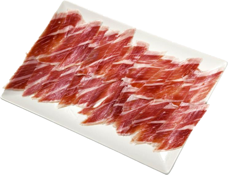Thin Red Cured Prosciutto Meat Slices on White Serving Plate PNG Food Image