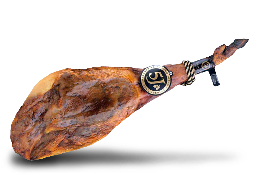 Whole Spanish Cured Jamon Meat Leg with Label Isolated PNG Food Product Image