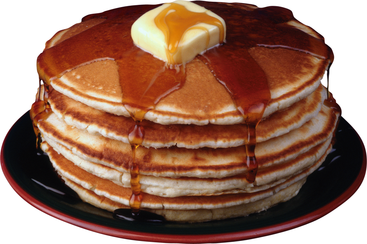 Fluffy Pancake Stack with Butter and Maple Honey Syrup on Plate PNG Food Photo