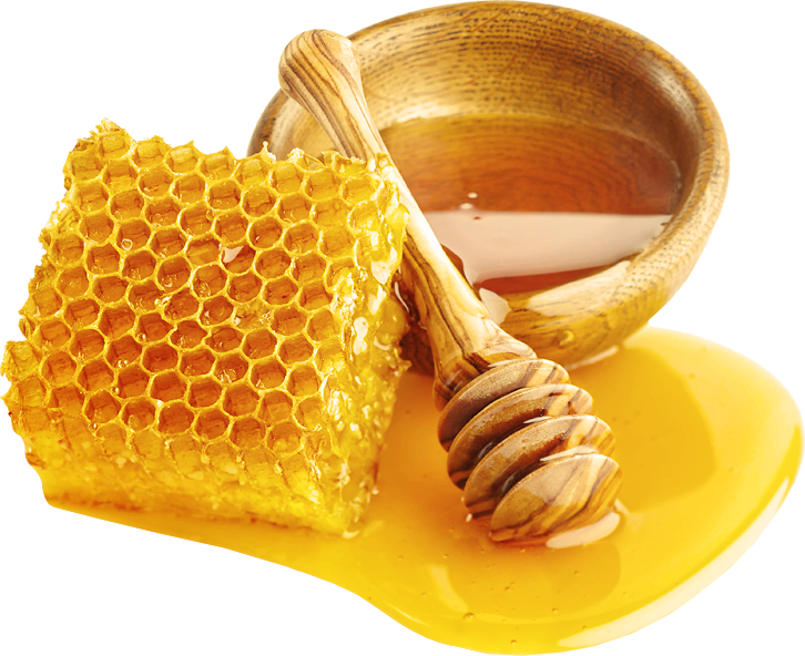 Fresh Honeycomb Wedge with Wooden Honey Pot and Dipper PNG Food Clipart Image