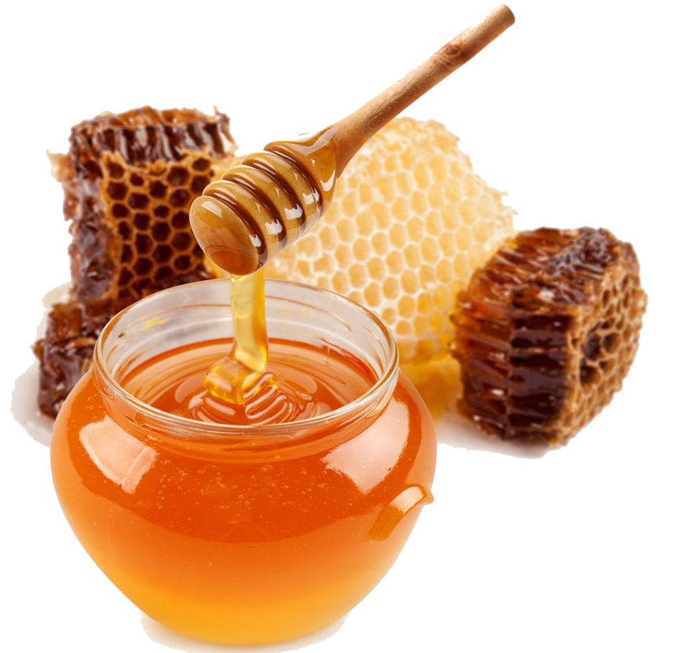 Glass Honey Jar with Honeycomb Pieces and White Blossom Flowers PNG Product Image