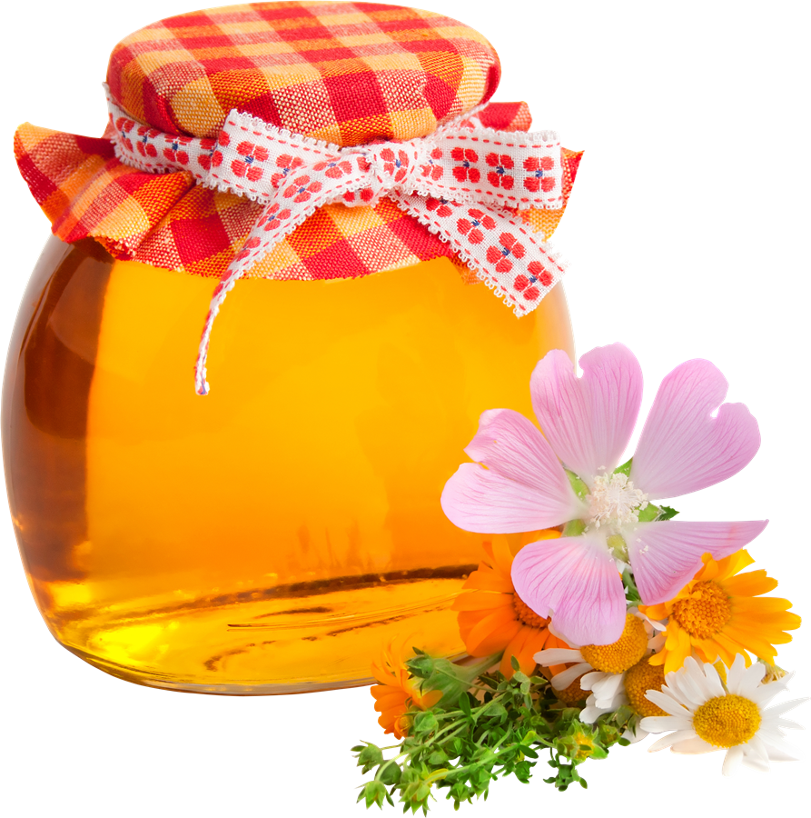Glass Jar of Pure Honey with Red Checkered Lid and Spring Flowers PNG Food Image