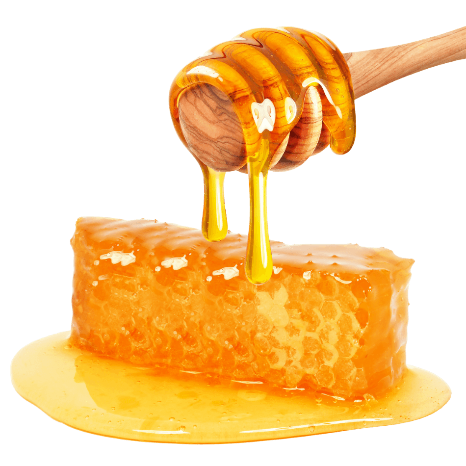 Golden Honey Drizzled over Small Pastry with Wooden Dipper PNG Dessert Image