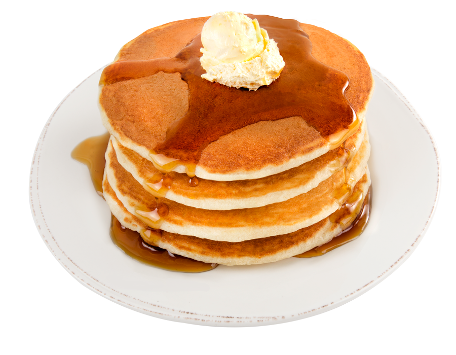 Golden Pancake Stack with Butter on White Plate Transparent Food PNG Image