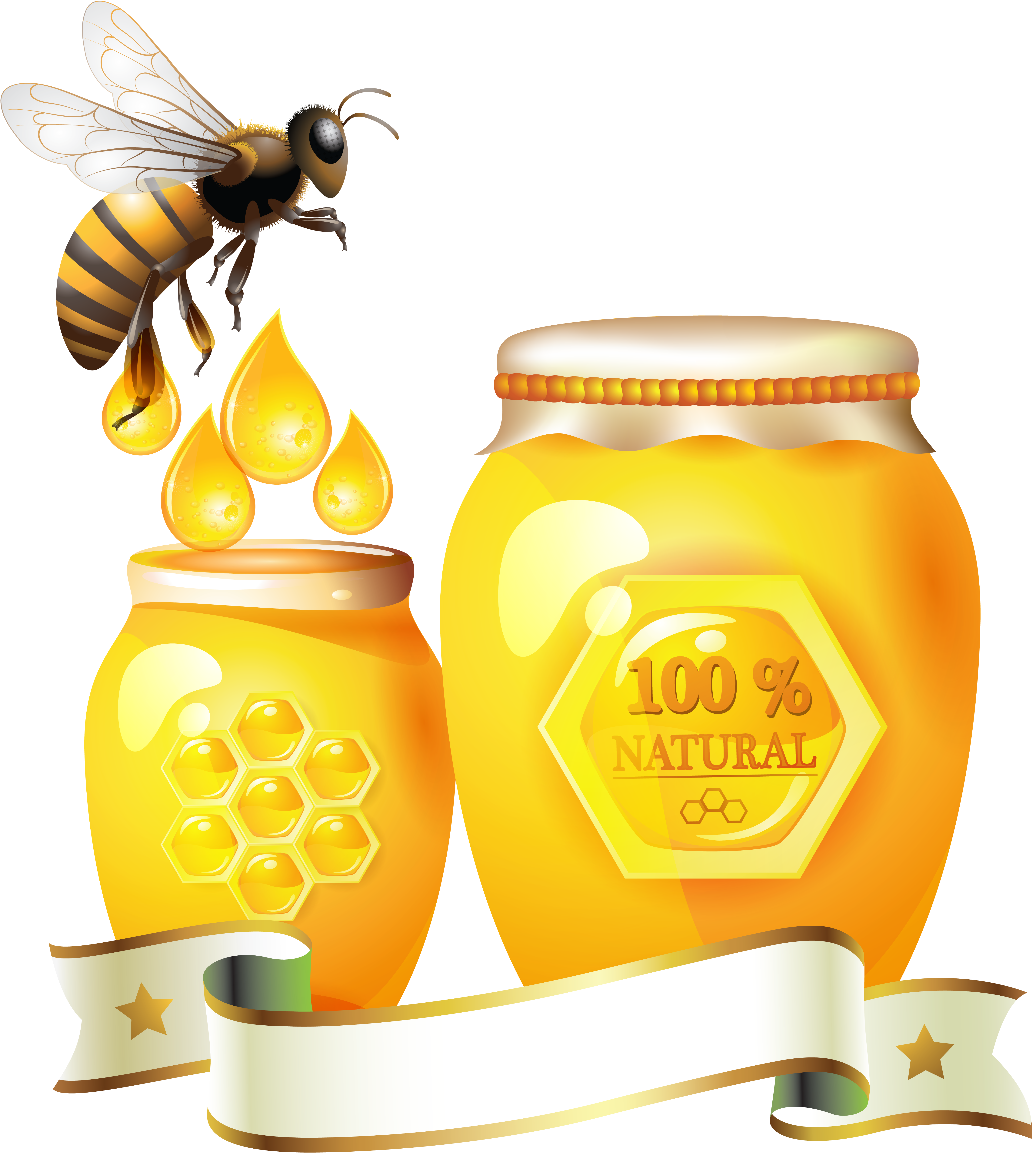Honey Jar Collection with Busy Bees and Decorative Ribbon Transparent PNG Graphic