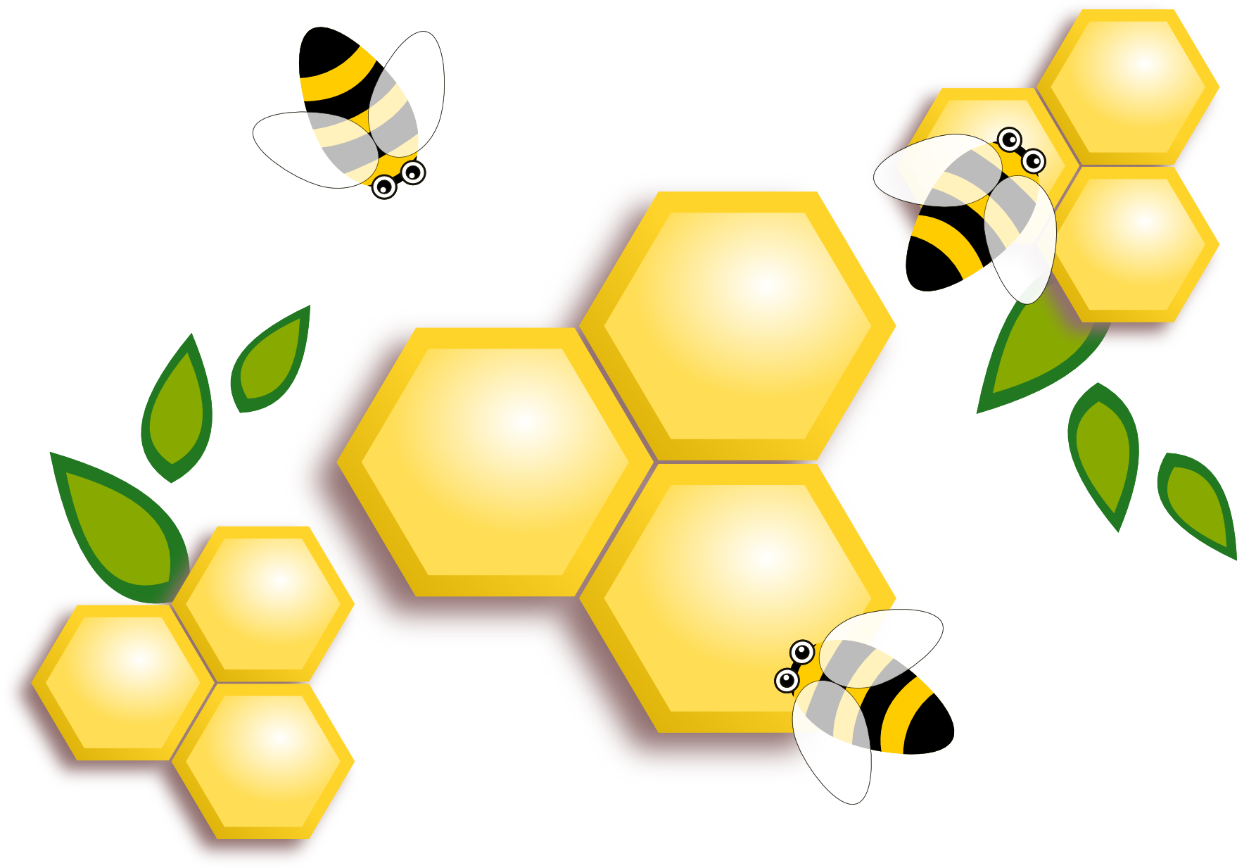 Honeycomb Hexagons with Flying Bees and Green Leaves Transparent PNG Illustration