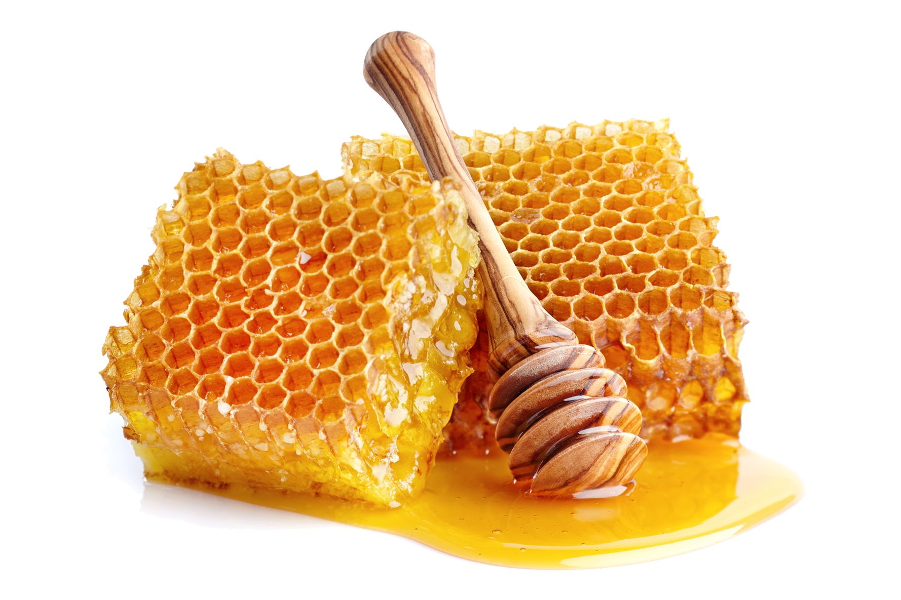 Natural Honeycomb Pieces with Wooden Dipper and Glossy Honey Drips PNG Food Image