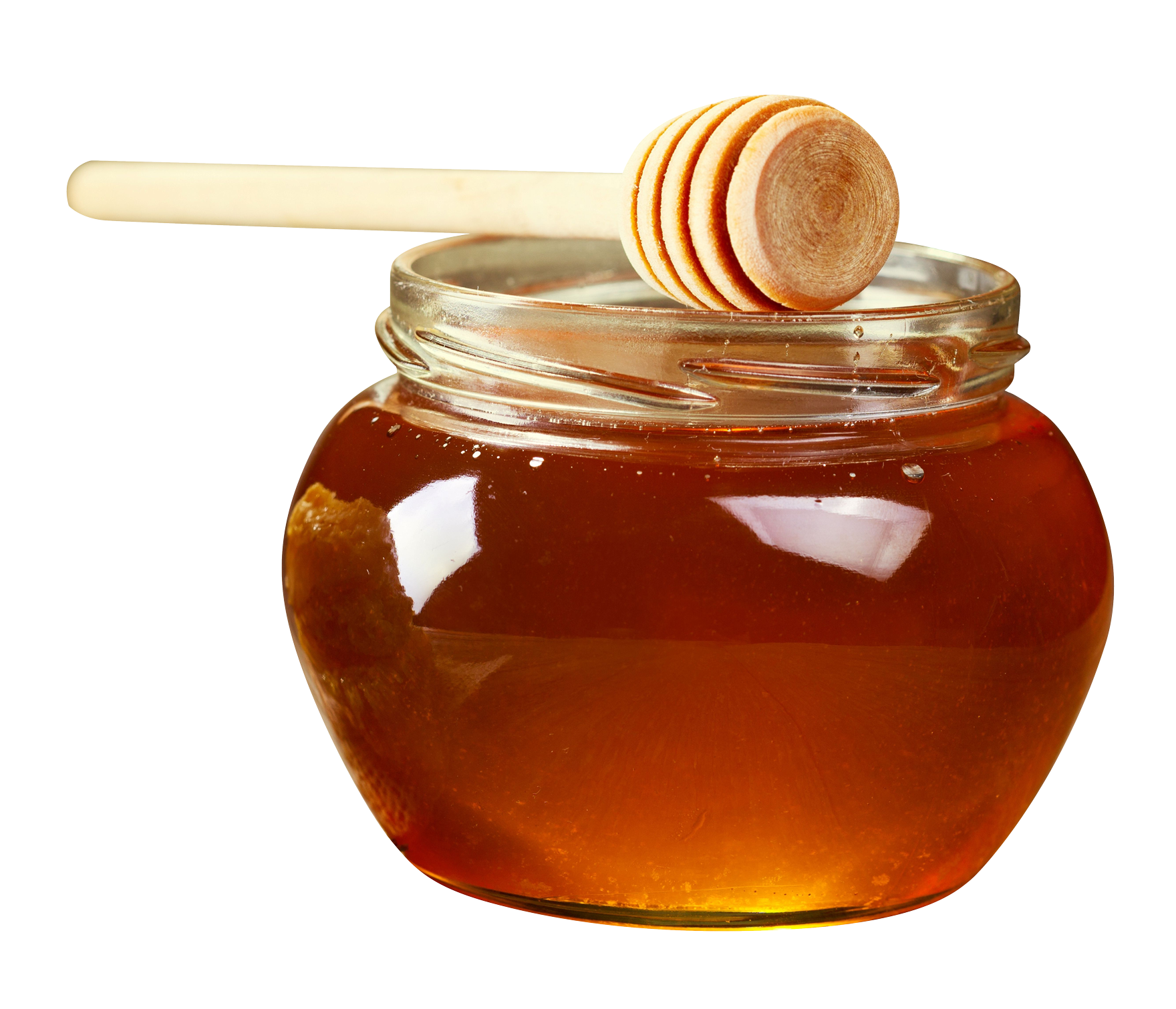 Open Glass Jar of Amber Honey with Wooden Dipper Transparent Background PNG Image