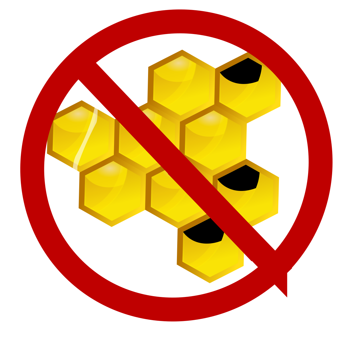 Red Prohibition Symbol over Bee and Honeycomb Transparent Background PNG Warning Icon