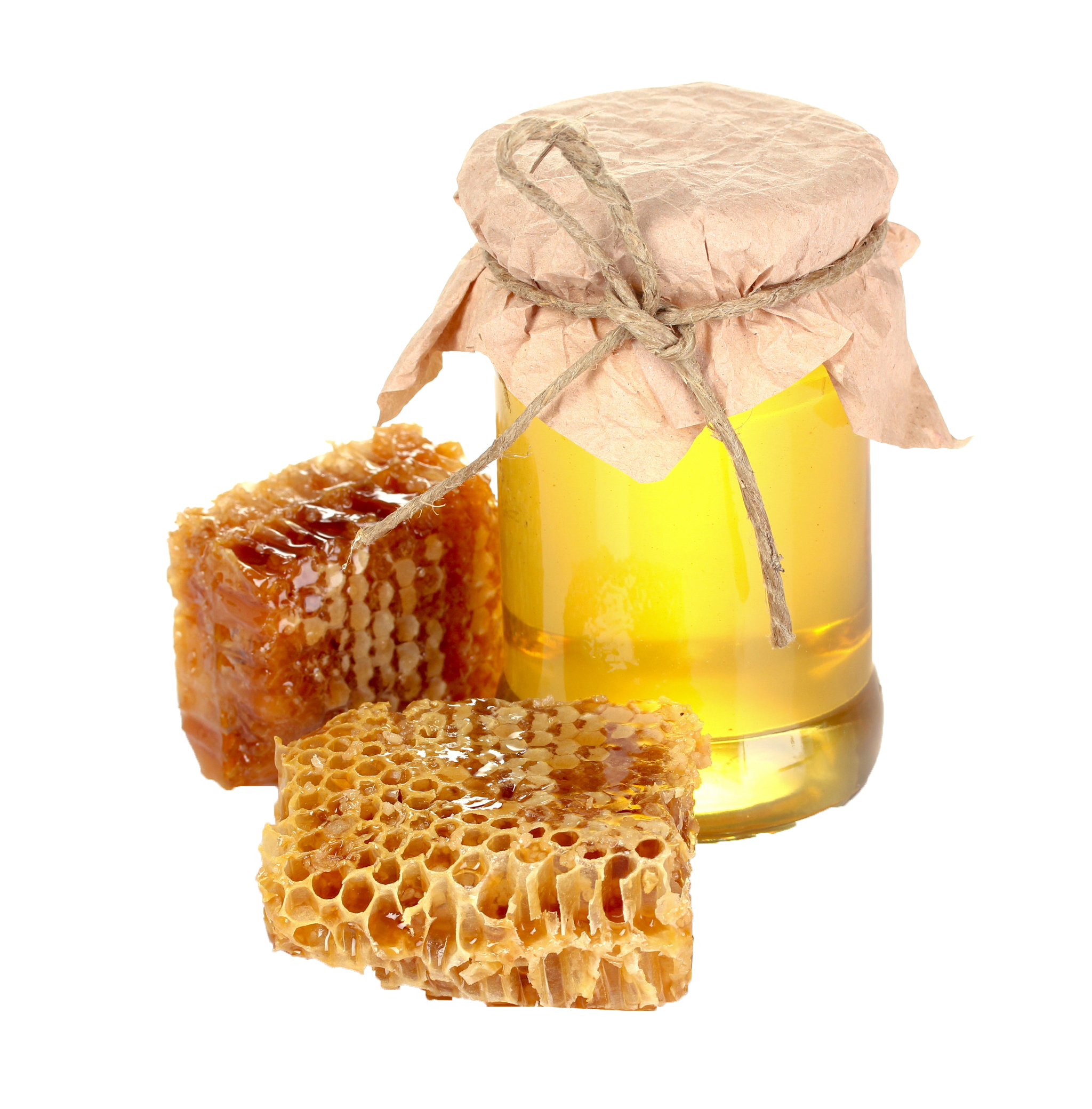 Rustic Honey Jar with Burlap Lid and Honeycomb Pieces Transparent PNG Product Image