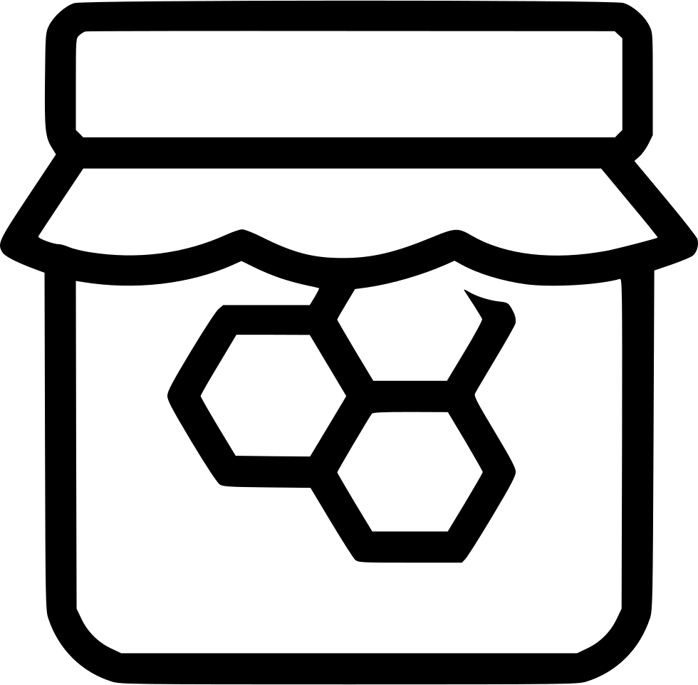 Simple Black Outline Honey Jar with Hexagonal Honeycomb Label PNG Icon Clipart